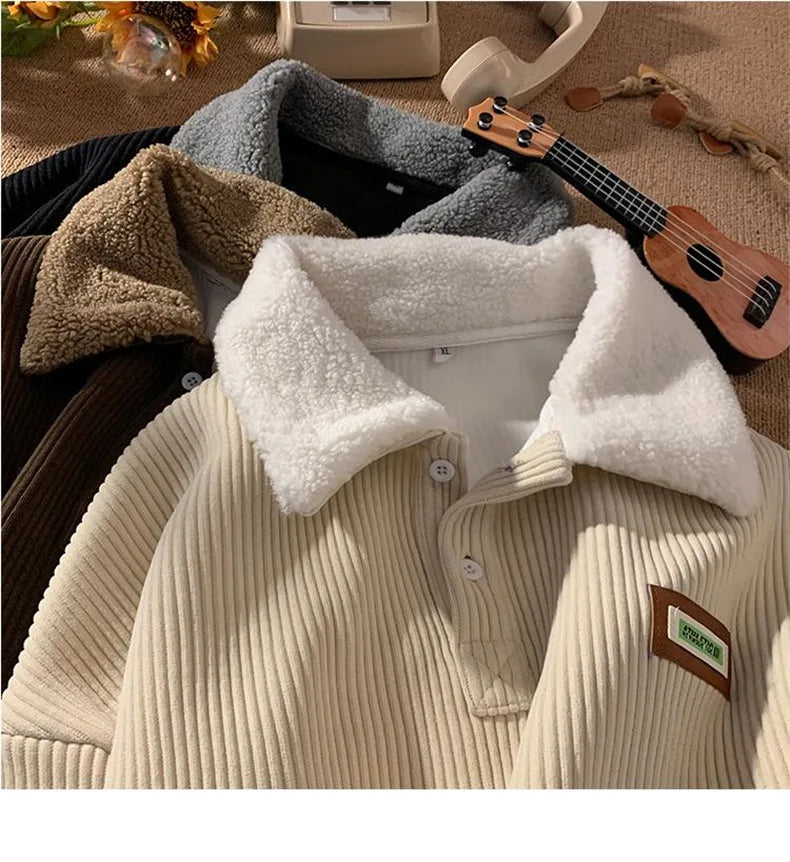 Corduroy Polo-Neck Plush Hoodie