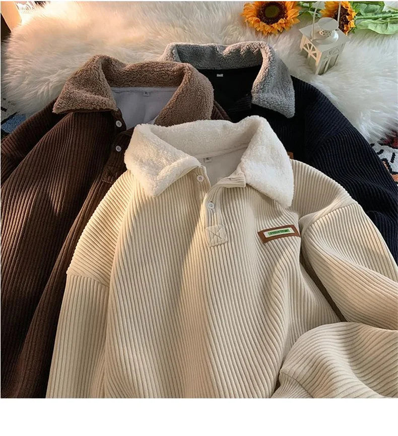 Corduroy Polo-Neck Plush Hoodie