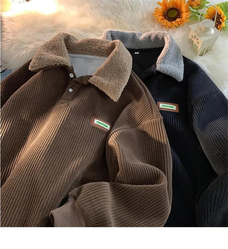 Corduroy Polo-Neck Plush Hoodie