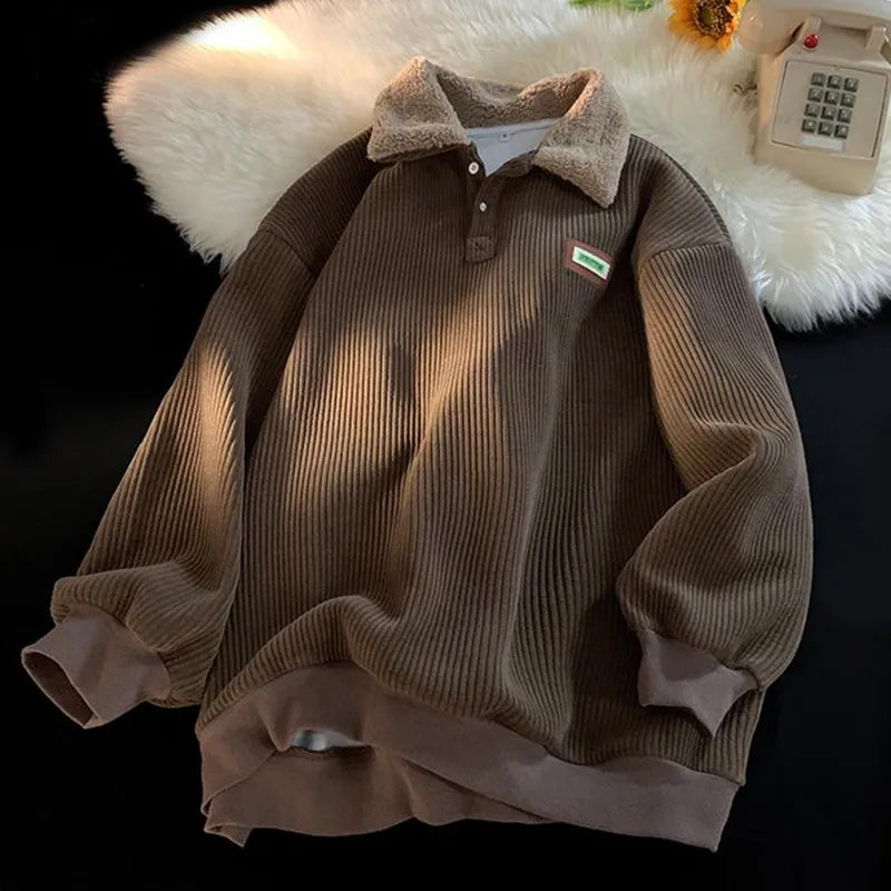 Corduroy Polo-Neck Plush Hoodie