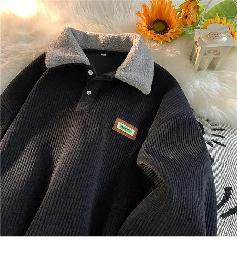 Corduroy Polo-Neck Plush Hoodie