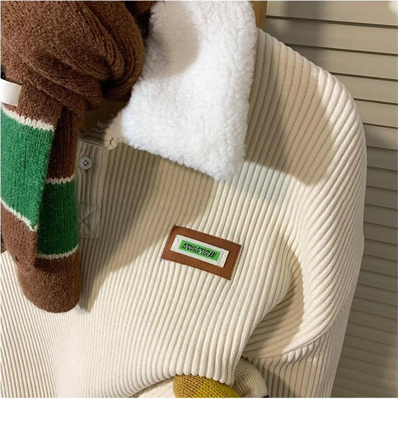 Corduroy Polo-Neck Plush Hoodie
