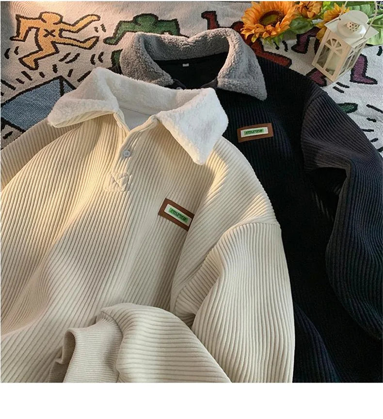 Corduroy Polo-Neck Plush Hoodie