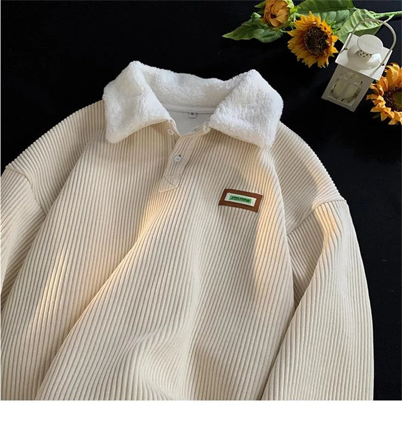 Corduroy Polo-Neck Plush Hoodie