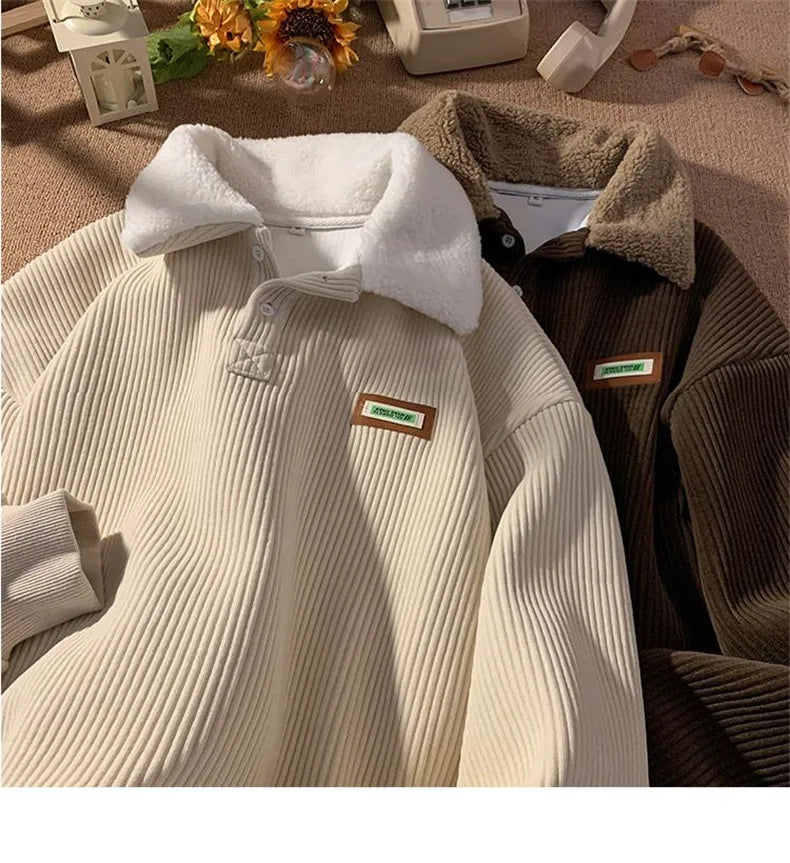 Corduroy Polo-Neck Plush Hoodie