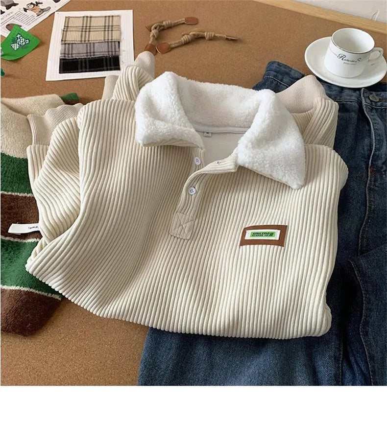 Corduroy Polo-Neck Plush Hoodie