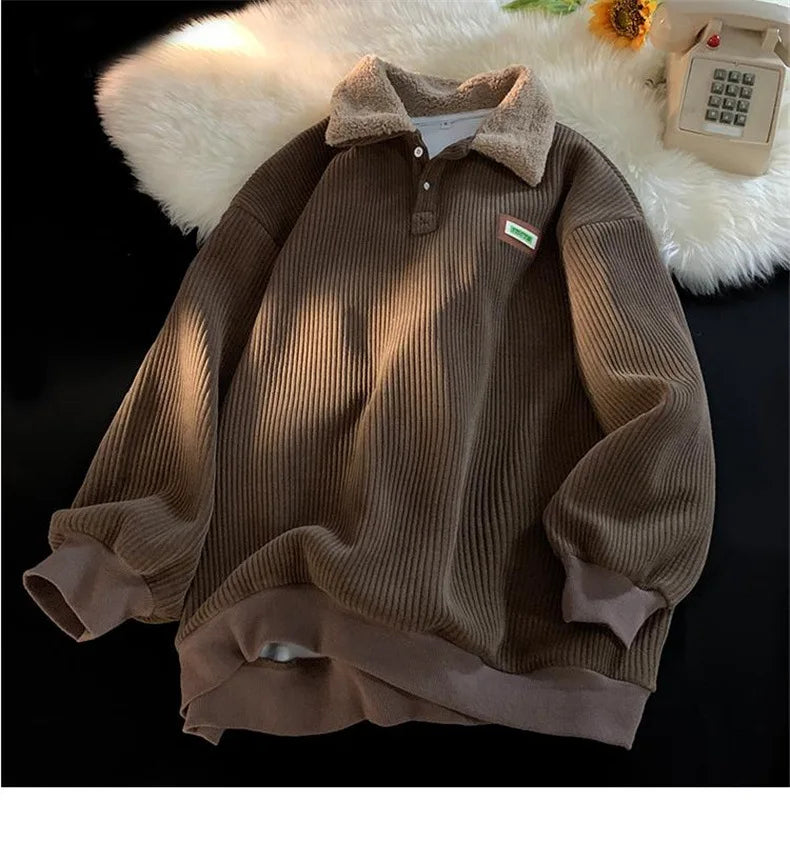 Corduroy Polo-Neck Plush Hoodie
