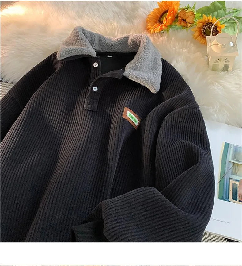 Corduroy Polo-Neck Plush Hoodie