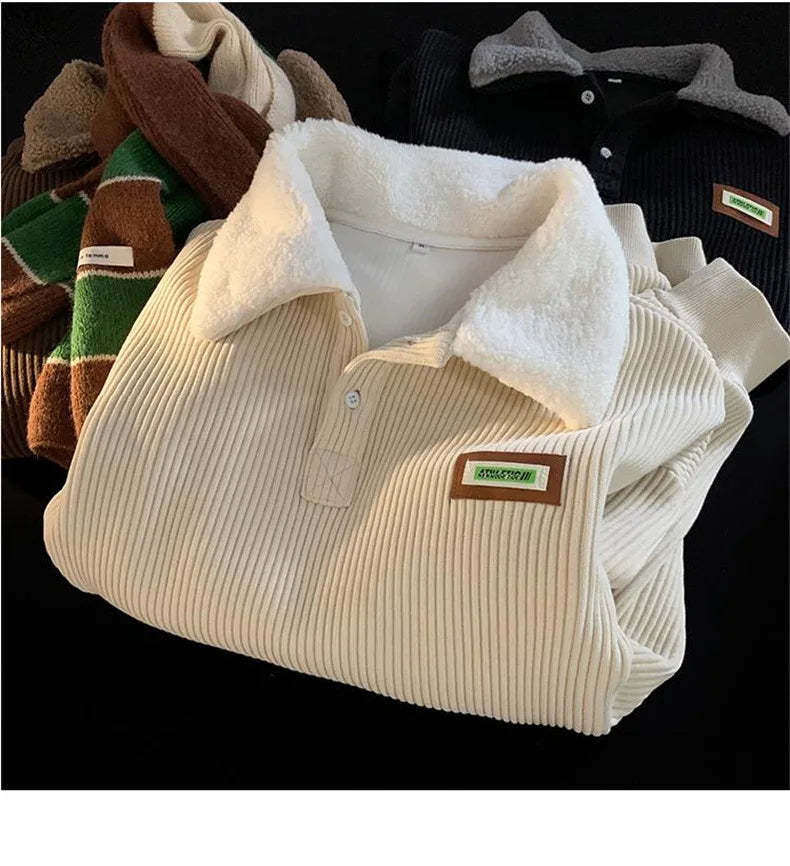 Corduroy Polo-Neck Plush Hoodie