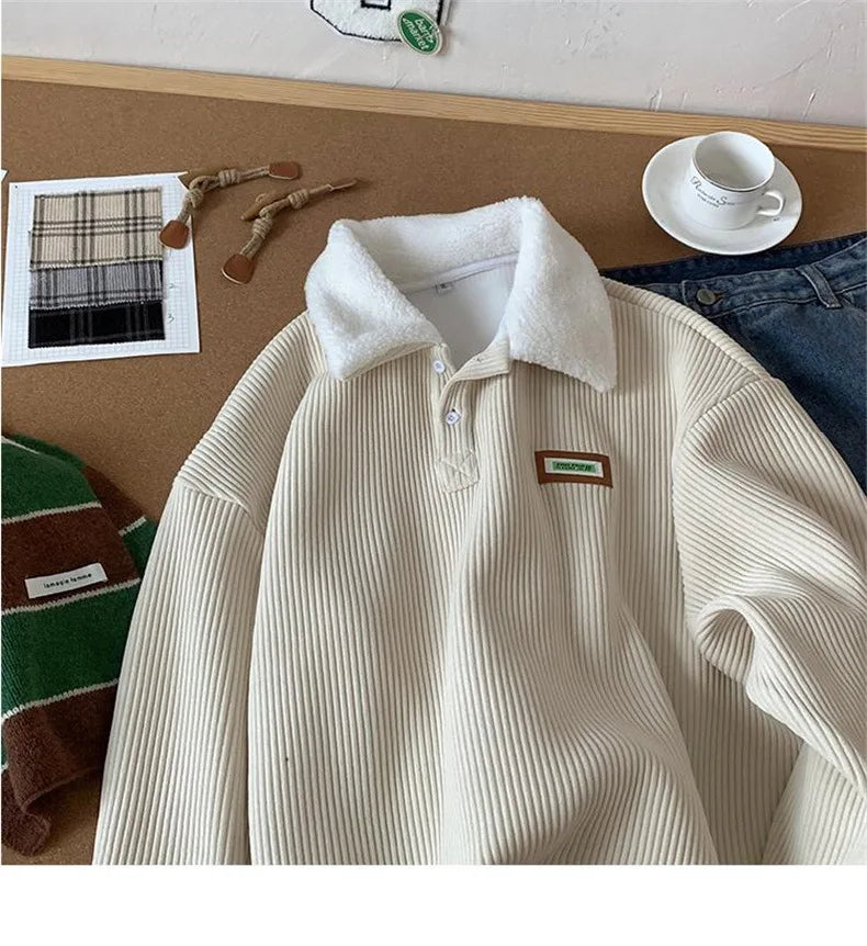 Corduroy Polo-Neck Plush Hoodie
