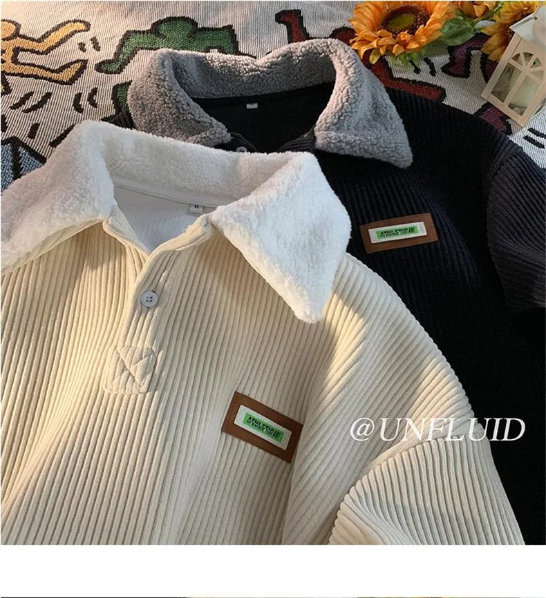 Corduroy Polo-Neck Plush Hoodie