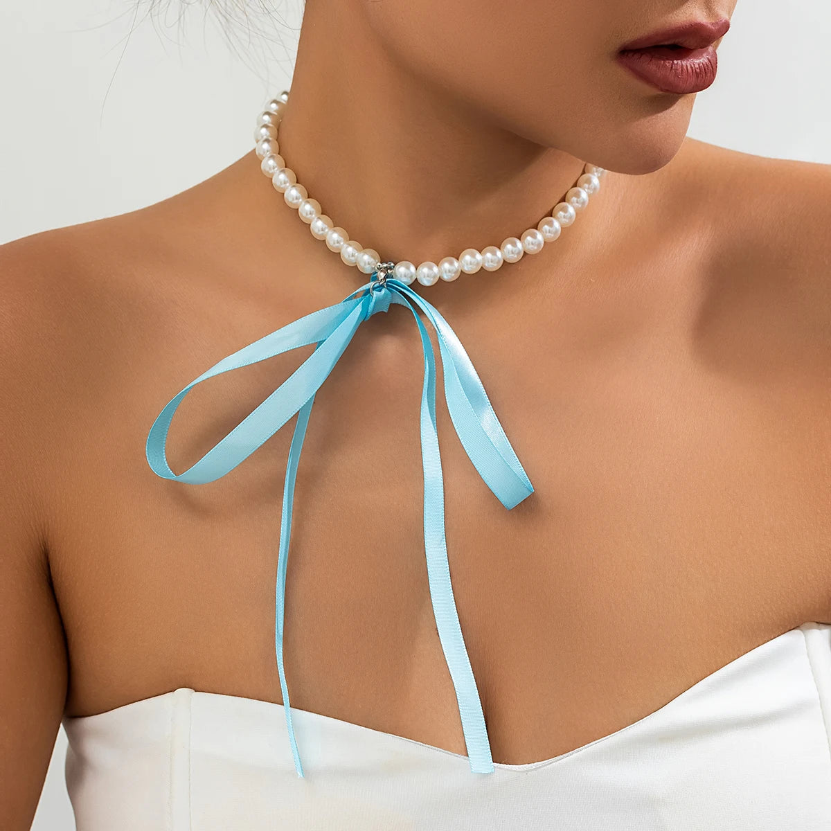 ItsYara Trend Imitation Pearl Chain Short  Ribbon Bow Necklace